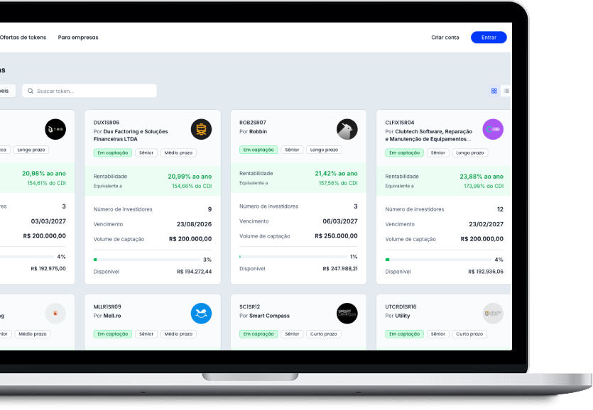 Marketplace Nimber exibido em um notebook com ofertas de ativos tokenizados