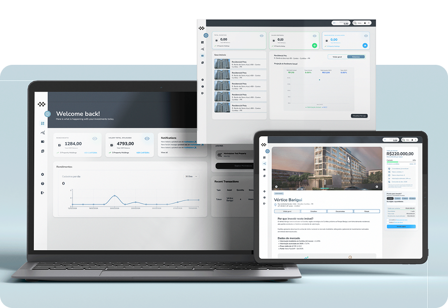 Plataforma Nimber apresentada em computador, tablet e painel digital
